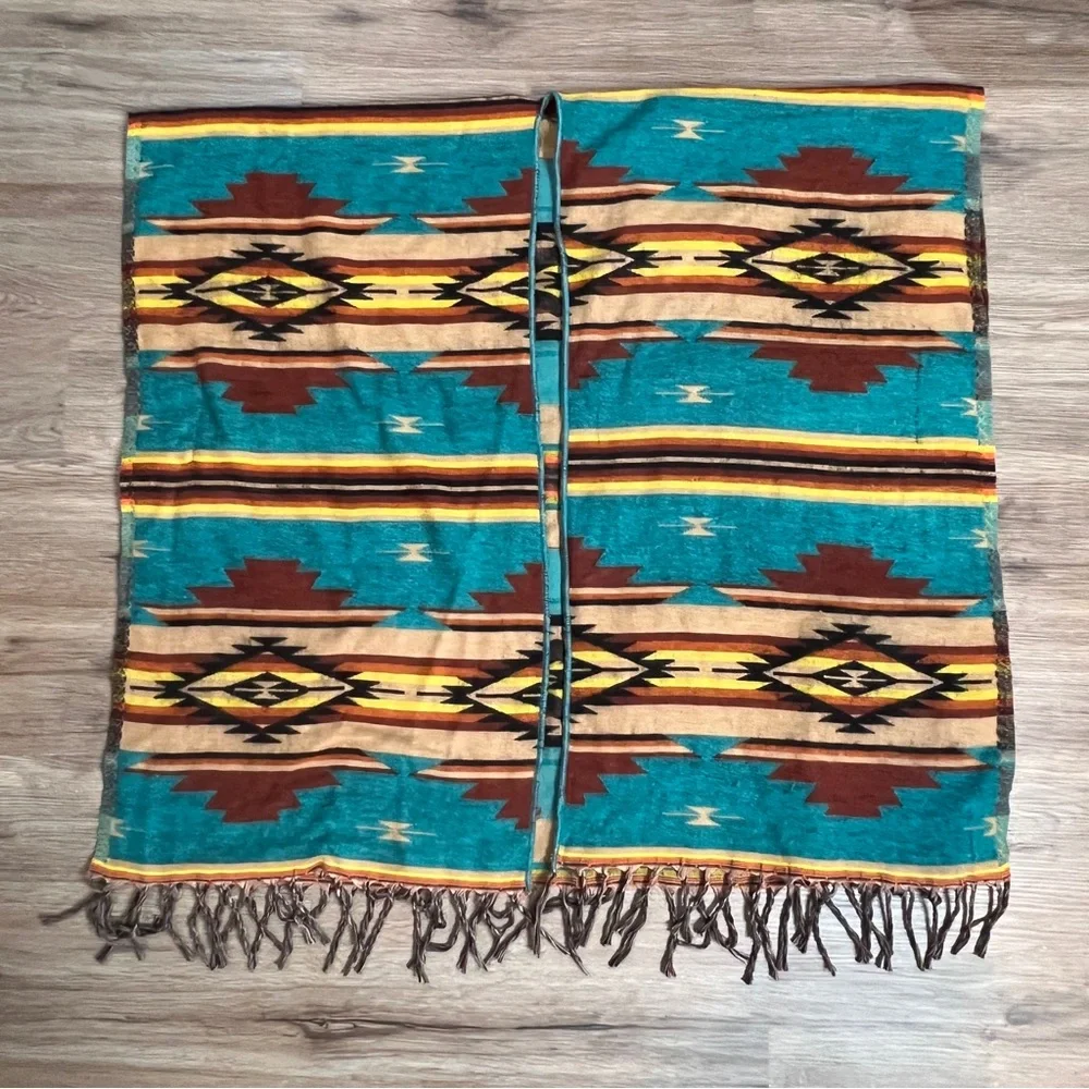 Southwestern Print Soft Poncho Fringe Teal Yellow Festival Unisex One Size - Picture 5 of 10